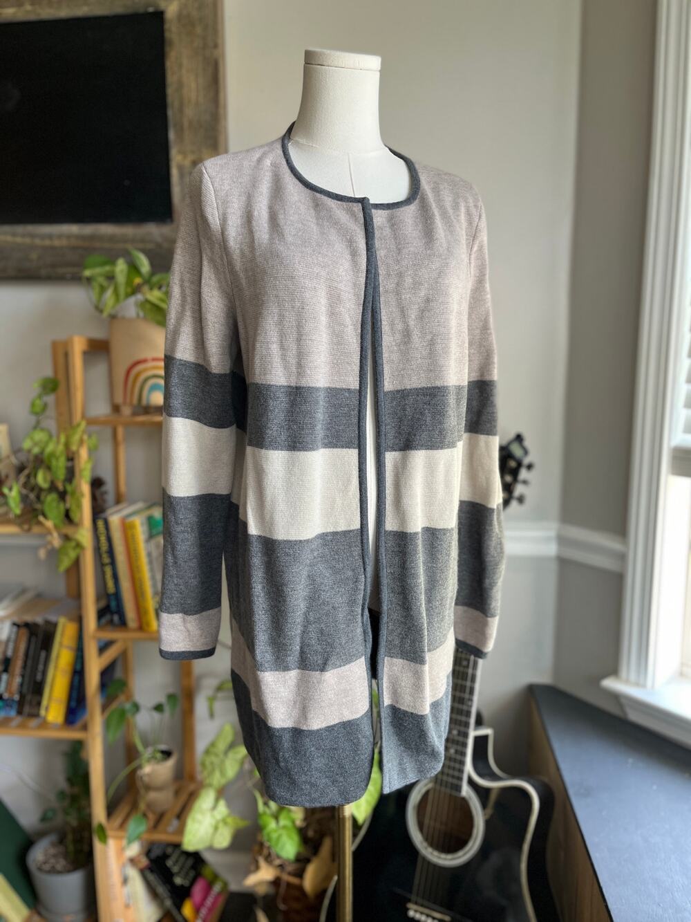 Talbots Gray and Beige Striped Open Front Merino Wool Cardigan Size Large